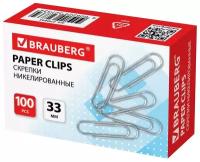 Скрепки BRAUBERG, 33 мм, никелированные, 100 шт, в картонной коробке, 270443