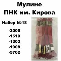 Нитки мулине ПНК им. Кирова для вышивания / Набор №18 / цвета 2005, 1510, 1303, 1908, 5702