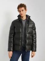 Тёплая куртка из экокожи с воротником-стойкой, цвет Черный, размер XXL