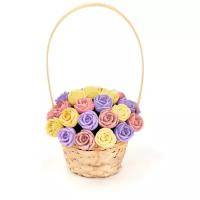 33 шоколадные розы CHOCO STORY в корзинке - Желтый, Розовый и Фиолетовый Бельгийский шоколад, 396 гр. K33-JRF