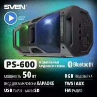 АС PS-600, черный (50 Вт, TWS, Bluetooth, FM, USB, microSD, LED-дисплей, 2х4000мА*ч)