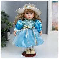 Кукла коллекционная керамика "Наташа в нежно-голубом платье в шляпке" 30 см