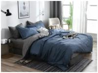Комплект постельного белья 2-х спальный, сатин, 2 наволочки 70х70, пододеяльник на молнии, простыня на резинке по углам,серый-синий