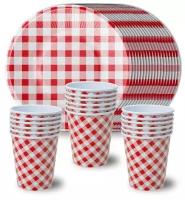 Набор бумажной одноразовой посуды для праздника "Клетка" №1 (3 упаковки тарелок -18шт и 3 упаковки стаканов- 18шт) ND Play