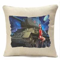 Подушка бежевая CoolPodarok Games.World of Tanks.WoT.Танки.Ворлд оф тэнкс.(Танк и снегурочка),бежевый