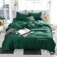 Комплект постельного белья 2 спальное Winni Хлопок/Жатка простыня на резинке, Зеленый