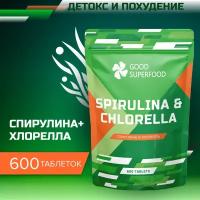 Спирулина и Хлорелла GOOD SUPERFOOD, суперфуд для похудения и восполнения белка в организме / 600 таблеток, 300 грамм