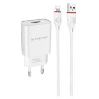 Сетевое зарядное устройство BOROFONE BA20A Sharp 1xUSB, 2.1А + кабель Lightning/ для iPhone, 1м (белый)