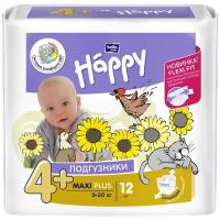 Bella Baby Happy подгузники maxi plus 4+ (9-20 кг), 12 шт., белый