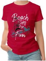Женская футболка «Beach and surf for fun» (XL, красный)