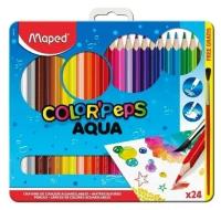 Карандаши акварельные 24 цвета с кистью, Maped Color Peps Aqua, металлическая коробка