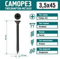 Саморез Rizzel 3,5х45 по металлу фосфатированный (500 шт)