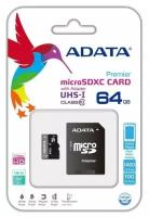 Карта памяти Micro SDXC 64Gb Class 10 A-Data AUSDX64GUICL10-RA1 + адаптер SD