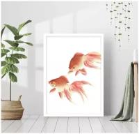 Постер В рамке "Золотые рыбки рисунок я японском стиле" 40 на 50 в белой раме / Картина для интерьера / Плакат / Постер на стену
