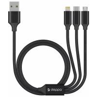 Дата-кабель Deppa 3 в 1: micro USB, USB-C, Ligthning, алюминий, 1.2м, черный