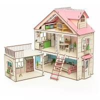 Деревянный кукольный домик с мебелью "Коттедж с пристройкой"