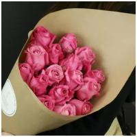 Букет живых цветов из 15 розовых роз в упаковке 60см