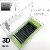 Ресницы 3Д, 3D Готовые пучки, Микс 8-14мм, Изгиб D/0.07 Glam Lash