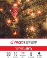 VEGAS Электрогирлянда "Нить" 100 красных LED ламп, контроллер 8 режимов, зеленый провод, 10 м, 220 v