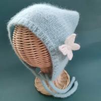 Детская шапка-чепчик "Помпон" от Knitted Grace, размер 46-48, голубая, демисезон