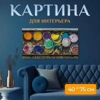 Картина на холсте "Коробка для краски, красить, акварельные краски" на подрамнике 75х40 см. для интерьера