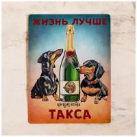 Прикольная металлическая табличка Жизнь лучше с Таксой, прикольный подарок владельцу собаки на новый год, металл,20х30см