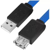 GCR Удлинитель PROF 1.8m USB 2.0, AM/AF, плоский синий, черный ПВХ, морозостойкий