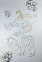 Комплект одежды из 5 предметов для новорожденных/ Одежда для малыша белого с розовым цветами с собачкой и звездочками на 0-3 месяца