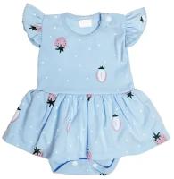 Боди платье детское для девочки с коротким рукавом, Клубнички, голубое, для новорожденных, праздничное 22 (68-74) 3-6 мес