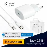 Комплект: быстрая зарядка для iPhone 8-14, Type-C, 25 Вт + кабель USB-C - Lightning, 1 метр / Original drop