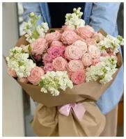 Букет пионовидные кустовые розы, маттиола 51 шт, красивый букет цветов, шикарный, цветы премиум, роза