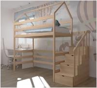Кровать детская, подростковая "Чердак с лестницей-комодом", спальное место 180х90, в комплекте с ортопедическим матрасом, натуральный цвет, из массива