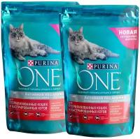 PURINA ONE для взрослых кастрированных котов и стерилизованных кошек с лососем и пшеницей (0,2 + 0,2 кг)