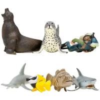 Фигурки игрушки серии "Мир морских животных". Акула,морской леопард, рыба-лиса, морской лев, рыба-молот, рыба групер, дайвер (набор из 6 фигурок животных и 1 человека)