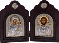 Икона Божией Матери Иверская и Спаситель, диптих, шелкография, «золотой» декор, «серебро» 12*18 см