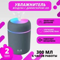 Увлажнитель воздуха, портативный увлажнитель с LED подсветкой, увлажнитель H2O. 300мл, серого цвета