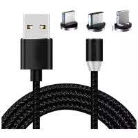 Кабель Магнитный зарядки 3-в-1 (microUSB + type-C + Lightning)для iPhone/Xiaomi/Samsung/1002 мм, Черный