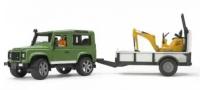 Масштабная модель BRUDER 02-593 Внедорожник Land Rover Defender с прицепом-платформой и гусеничным мини экскаватором