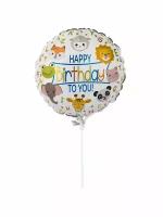 Воздушный шар фигура на палочку Круг С днем рождения животные 1шт