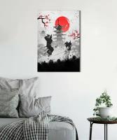 Картина на холсте Два самурая в бою на фоне пагоды арт в японском стиле 40х60