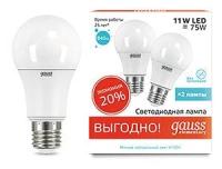 Gauss Лампа Elementary A60 11W 840lm 4100K E27 (2 лампы в упаковке) LED 3 шт