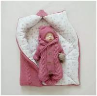 Демисезонный вязаный детский комплект на выписку, 3 предмета, смесовая пряжа 30% шерсть, MAMINY ZAPISKY, 62 размер (0-3мес), цвет розовый