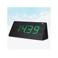 Часы-будильник "Пирамида" 21 см с термометром деревянные цвет: черное дерево зеленые цифры зв. активация