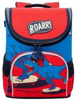 Ранец школьный Grizzly RAn-083-5 раскладной, очень легкий, для мальчиков, принт Динозавр, красный - синий