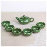 Набор для чайной церемонии керамический "Лунный камень", 7 предметов: чайник 150 мл, 6 пиал 50 мл, цвет зеленый