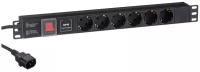 Блок розеток горизонтальный ExeGate ServerPro PDU-19H609 Al-6S-C14-2CU-SPD1 (19", 1U, Алюминий, 6 Schuko, кабель с вилкой C14 VDE-250V-10A-3*1.0mm2, медь, 2 метра, выкл. с подсветкой, SPD1, черный, RTL) EX280834RUS