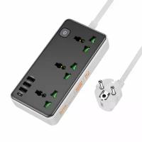 Удлинитель на 3 розетки HOCO AC7A Storm 10A, 3xUSB, 1xUSB-C, 3.4А, 1.5м (черный)