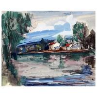 Репродукция на холсте Пейзаж с домом у реки (Landscape with House and River) Вламинк Морис 50см. x 40см