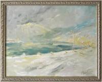 Картина на холсте, зимний пейзаж, "Зимняя Ялта" в раме, маслом ручной работы