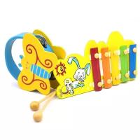 Деревянный музыкальный набор Ксилофон - Металлофон "Заяц" 5 цветов(нот) Бубен "Бабочка"